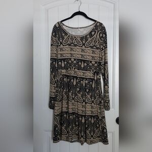 Paisley-Print Long Sleeve Women's Dress — Black & Cream